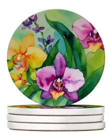 Orchids in Watercolor Large Sandstone Coasters Pack of 4 Absorbent Round Coasters Decor Gifts for Men or Women, 4 in, Multicolor