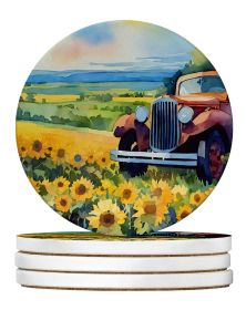 Kansas Sunflowers in Watercolor Large Sandstone Coasters Pack of 4 Absorbent Round Coasters Decor Gifts for Men or Women, 4 in, Multicolor (Default: Default)