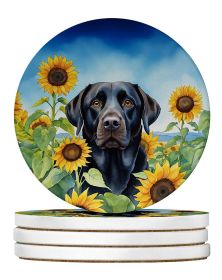Labrador Retriever in Sunflowers Large Sandstone Coasters Pack of 4 Absorbent Round Coasters Decor Gifts for Men or Women, 4 in, Multicolor (Default: Default)